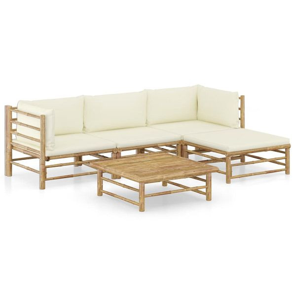 vidaXL 5-teilig Garten-Lounge-Set mit Cremeweißen Kissen Bambus, 3058193