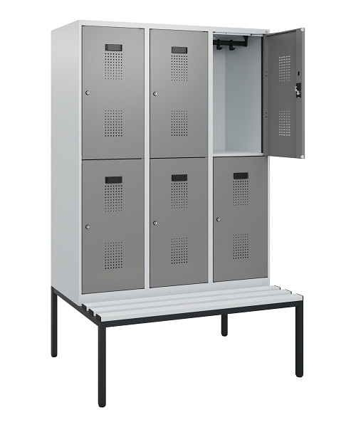 C+P Doppelstöckiger Spind Evolo PLUS, Bank, 6 Fächer, 1950x1200x815mm, 7035/0004, Zylinderschloss, Sitzfläche Kunststoff, Sitzbank, 0493505-32 S10149