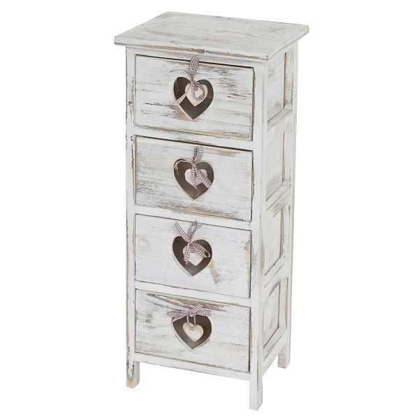 Mendler Kommode Forli, Schubladenkommode Schrank, 4 Schubladen mit Herzen 70x29x25cm, Shabby-Look, Vintage, weiß, 36713