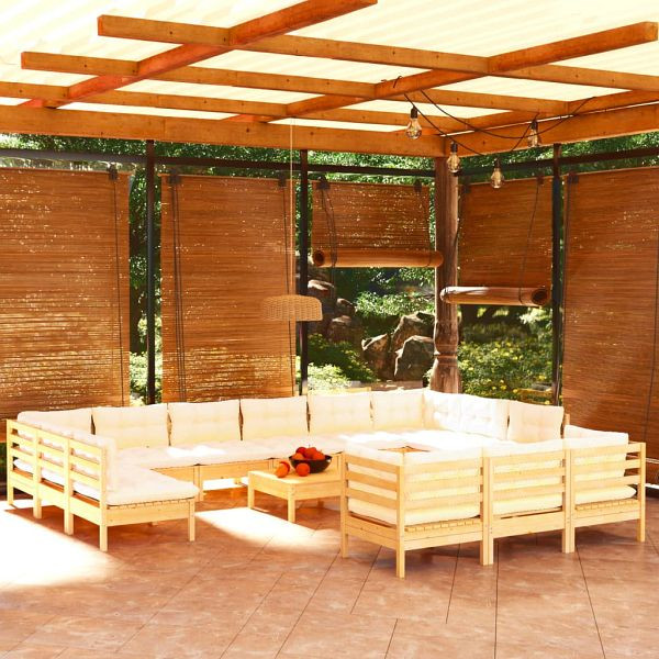 vidaXL 14-teilig Garten-Lounge-Set mit Creme Kissen Kiefernholz, 3097289