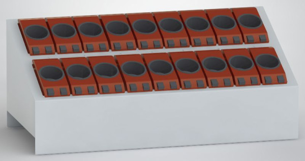KLW Tischwerkzeugmagazin Abmessungen: 640 x 300 x 270/130 mm L x B x H mit 18 Aufnahmen HSK63 (WAK-HSK63), 15/KTS-P-HSK63