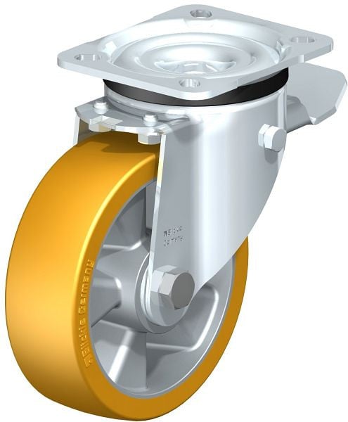 Blickle LK-ALTH 125K-1-ST Stahlblech-Lenkrolle, schwere Ausführung, mit Anschraubplatte & Feststeller, Blickle Extrathane®, Hellbraun, 281659