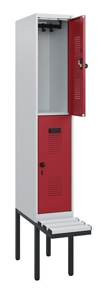 C+P Doppelstock-Spind Evolo PLUS, Bank, 2 Fächer, 1950x300x815mm, 7035/3003, Drehriegel, Sitzfläche Kunststoff, 0493405-10 S10089