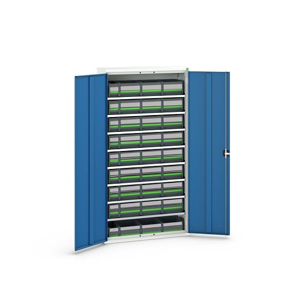 bott verso Magazinschrank, mit 8 Fachböden und 36 bottBoxen, BxTxH: 1050 x 350 x 1000 mm, Lichtgrau / Enzianblau, 16926505.11