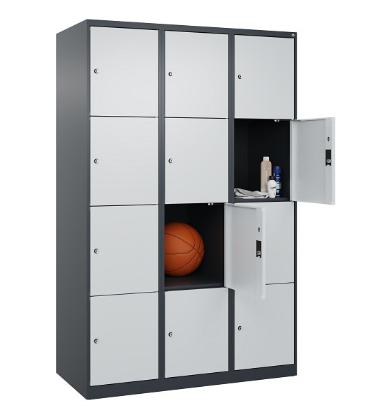 C+P Schließfachschrank Evolo PLUS, 12 Fächer, 1850x1200x500mm, 7016/7035, Abteile 3, Abteilbreite 400 mm, 049000-324 S10017