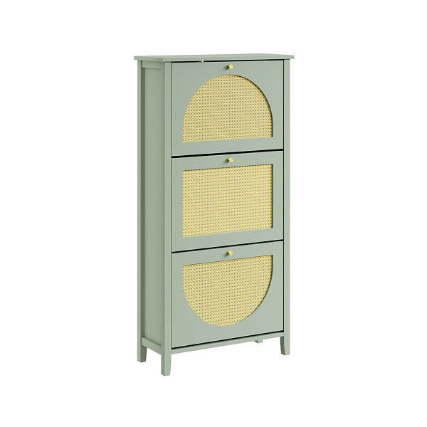 SoBuy Schuhschrank Grün mit 3 Türen, Schuhregal mit Klappen und Rattaneinsätzen, Aufbewahrungsschrank aus MDF für Flur, 62×25×121 cm, FSR222-GR