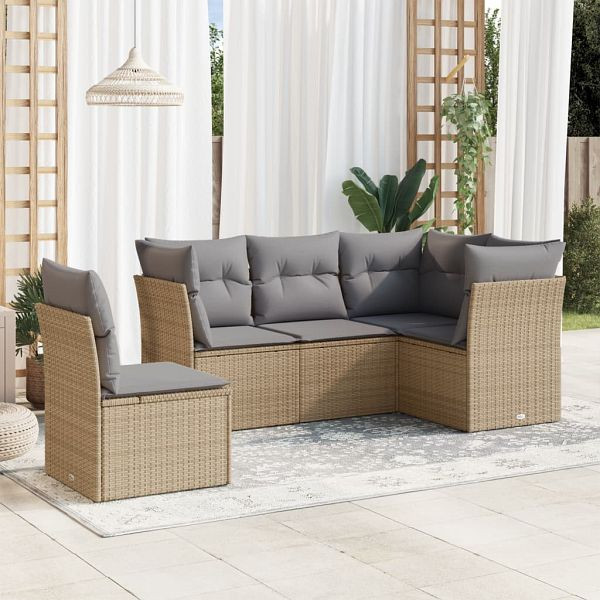 vidaXL 5-teilig Garten-Sofagarnitur mit Kissen Beige Poly Rattan, 3217639