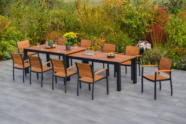 Merxx Santorin Set 11-teilig, 10 Stapelsessel, 1 Flex Ausziehtisch 180 (300) x 100 cm, Aluminium mit FSC Akazienholz, 50665-209