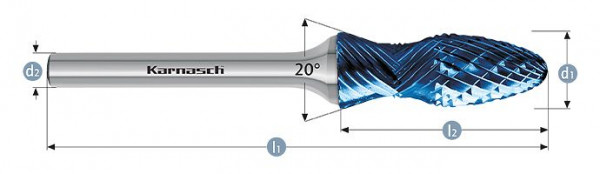 Karnasch Hartmetall-Frässtift Blue-Tec beschichtet d1= 12,0 / l2= 35 / d2= 6 / l1= 80mm Combi+Curve, 116023100