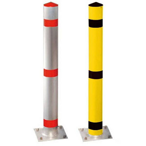 Stein HGS Absperrpfosten -Acero-, zum Aufdübeln, (Bodenplatte 200x200mm), gelb beschichtet mit 3 schwarzen Reflexstreifen, Pfosten: Ø 102 mm, 19806-sg