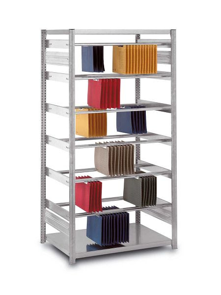 hofe Pendelhefter-Grundregal, 2700x800x1000 mm, 8 Ebenen, 3 Böden, RAL 7035, 40 kg Fachlast, 320 kg Feldlast, zweiseitig, Zippel, HKG278010ZI