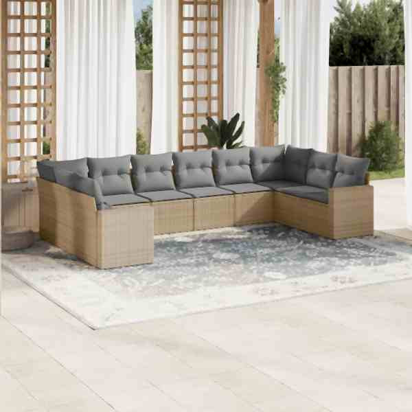 vidaXL 10-tlg. Garten-Sofagarnitur mit Kissen Beige Poly Rattan, UV-beständig, 3219459