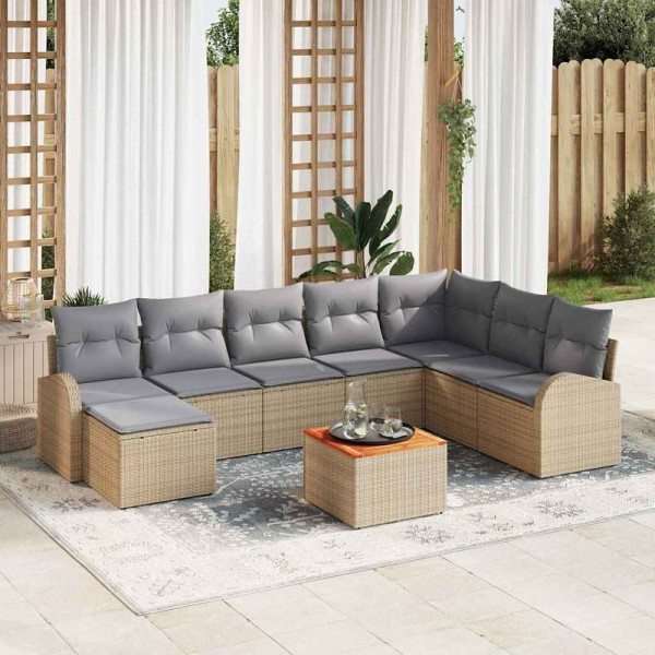 vidaXL Garten-Sofa-Set mit Kissen, 9er Set, Beige Poly Rattan, 3347616
