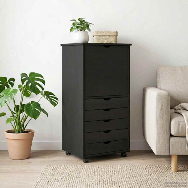 vidaXL Rollschrank Mit Rad Schwarz 53 x 39 x 103 cm Massivholz Kiefer, 42028371