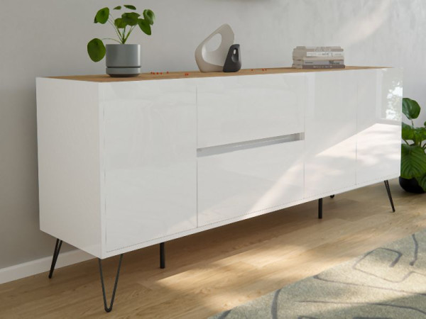 Posseik Sideboard Industrial I 180cm 2 Schubladen 3 Türen Weiß/Eiche Top, PN2086X0000059DE