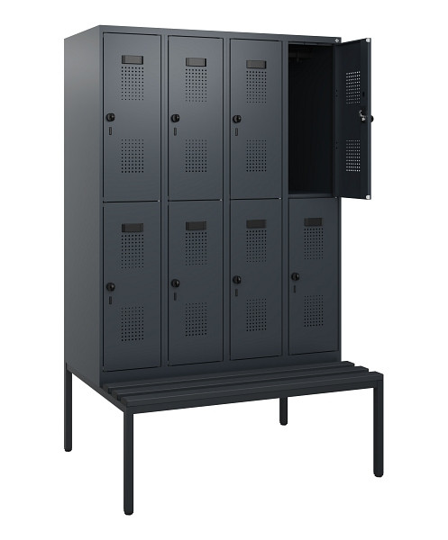 C+P Doppelstöckiger Spind Evolo PLUS, Bank, 8 Fächer, 1950x1200x815mm, 7016/7016, Drehriegel, Sitzfläche Kunststoff, Sitzbank, 0493505-40 S10112