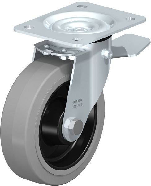 Blickle LE-POEV 160R-ST-SG Stahlblech-Lenkrolle mit Anschraubplatte & Feststeller, Elastik-Vollgummi, Grau, 679860