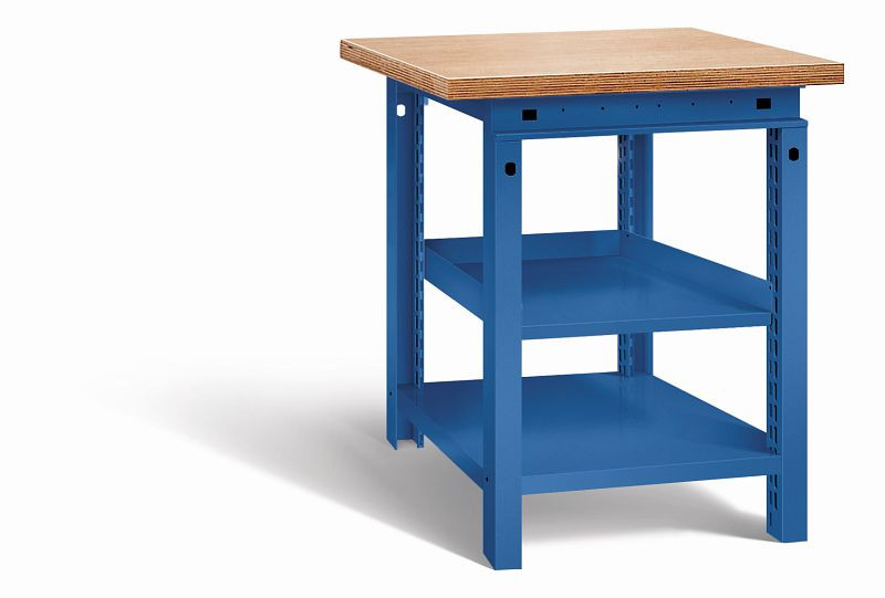 Otto Kind Werkbank Serie function Typ 102, Multiplexplatte 40 mm, überstehend, 1 Ablageboden, komplett RAL 5010, 072319213