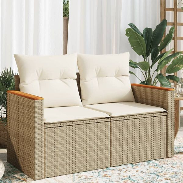 vidaXL Gartensofa mit Kissen 2-Sitzer Beige Poly Rattan, 366066