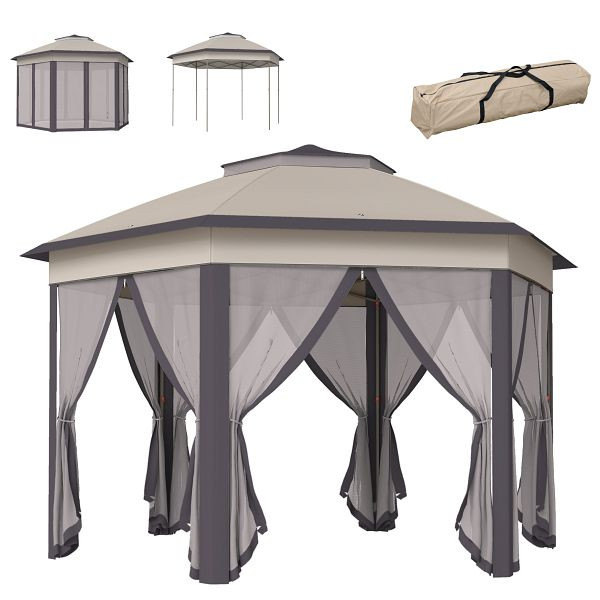 Outsunny Gartenpavillon 4 x 4 m Pop-Up-Zelt inkl. Tragetasche 6 Seitenteile Doppeldach sechseckig beige, 84C-120