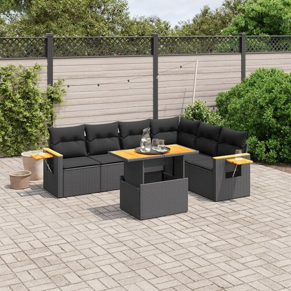 vidaXL 7-teilig Garten-Sofagarnitur mit Kissen Schwarz Poly Rattan, 3273533