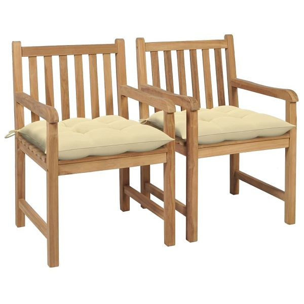 vidaXL Gartenstühle 2 Stück mit Cremeweißen Kissen Massivholz Teak, 3062747