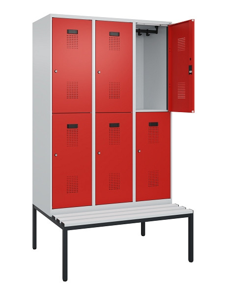 C+P Doppelstock-Spind Evolo PLUS, Bank, 6 Fächer, 2120x1200x815mm, 7035/3020, Zylinderschloss, Sitzfläche Kunststoff, Sitzbank, 0493507-32 S10113