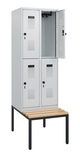 C+P Doppelstöckiger Spind Evolo PLUS, Bank, 4 Fächer, 1950x600x815mm, 7035/7035, Drehriegel, Sitzfläche Buche-Hartholz, Sitzbank, 0493505-20 S10013