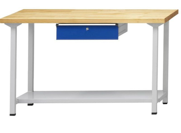 ANKE Werkbänke Arbeitstisch; 1500x800x890 mm; RAL 7035/5010; Buche-Massiv-Platte 40 mm; 1xHängeschublade; 1xAblageboden aus Stahlblech 600 mm tief, 401.249