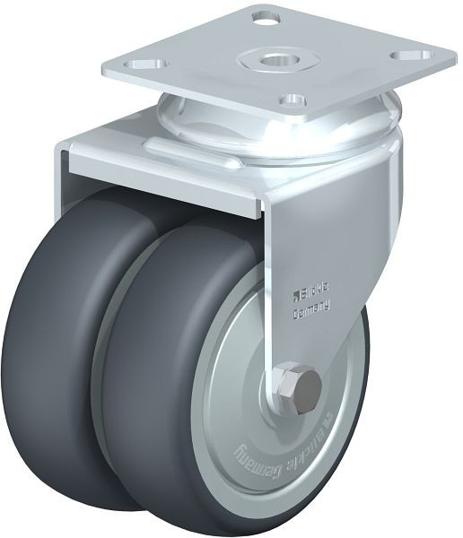 Blickle LDA-TPA 75K-FK Apparate-Doppel-Lenkrolle mit Anschraubplatte, Thermoplastisches Gummi-Elastomer, Grau, 574632