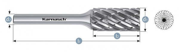 Karnasch Hartmetall-Frässtift unbeschichtet ZYB/ HP-8 d1= 6 / l2= 18 / d2= 6 / l1= 50mm, VE: 4 Stück, 114042010