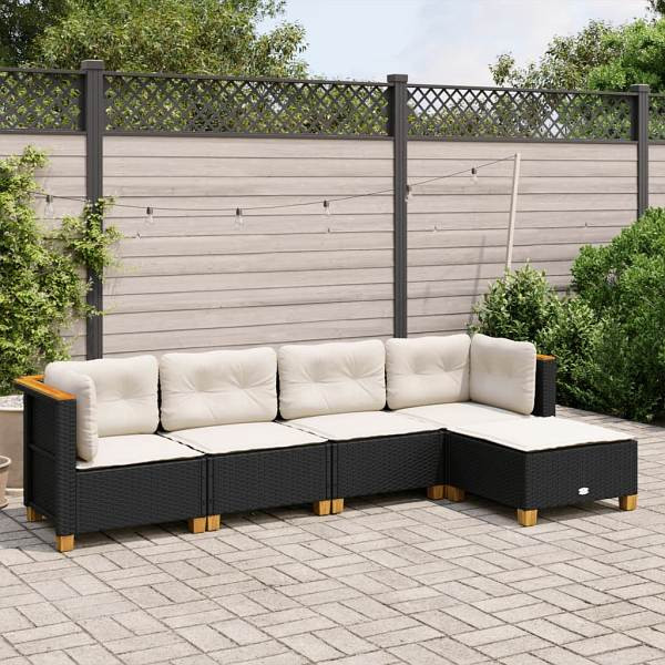 vidaXL 5-tlg. Garten-Sofagarnitur mit Kissen Schwarz Poly Rattan, UV-beständig, 3261785