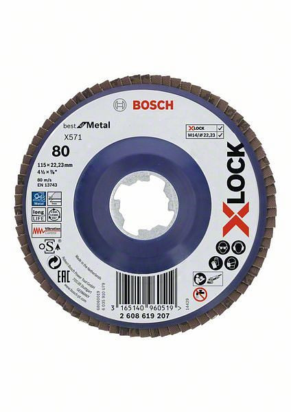 Bosch Fächerschleifscheibe X571 Best for Metal, gerade, 115 mm, K 80, Kunststoff, VE: 10 Stück, 2608619207