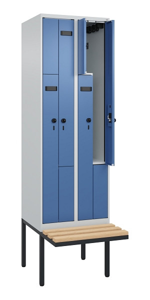 C+P Z-Spind Evolo PLUS, Bank, 4 Fächer, 2120x600x815mm, 7035/5023, Drehriegel, Sitzfläche Holz, 0490437-204 S10020