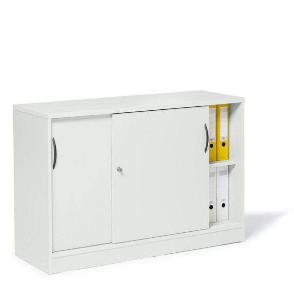 Deskin Schiebetürenschrank MULTI M, Dekor weiß, B 1200 x H 805 x T 420 mm, Wechselzylinder, Griffe Anthrazit, 258504