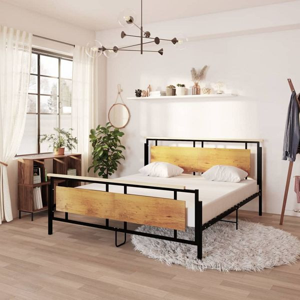 vidaXL Bett Metall 180x200 cm, schwarz, Eichenholz, 324874