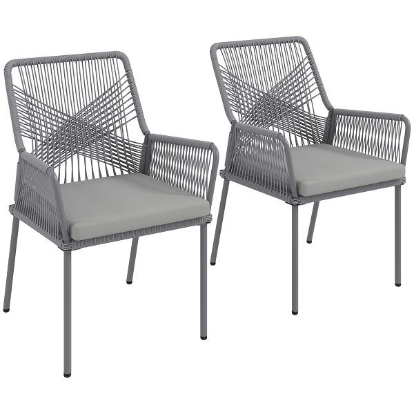 Outsunny 2er-Set Gartenstühle, Terrassenstühle, waschbare Kissen, Rückenlehne, Armlehnen, Stahl, Rattan, Dunkelgrau, 861-106V00CG