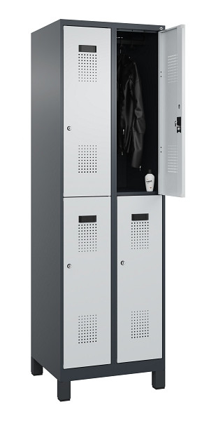 C+P Doppelstöckiger Spind Evolo PLUS, mit Füßen, 4 Fächer, 1950x600x500mm, 7016, Frontfarbe RAL 7035 Lichtgrau, Zylinderschloss, 049310-20 S10044