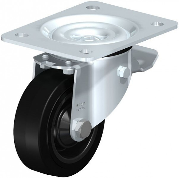 Blickle LK-POEV 100K-3-ST Stahlblech-Lenkrolle, schwere Ausführung, mit Anschraubplatte & Feststeller, Elastik-Vollgummi, Schwarz, 322396