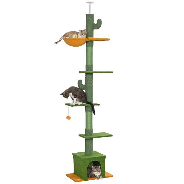 PawHut Höhenverstellbarer Kratzbaum 230-275 cm, platzsparend, Spielzentrum mit Hängematte, Grün, D30-875V00GN