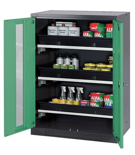 asecos Chemikalienschrank Systema-T CS-83G, Korpus anthrazit, Flügeltüren grün, 3 Tablarauszüge, 208813