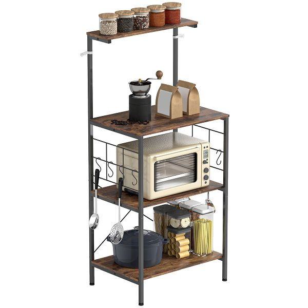 HOMCOM Küchenregal, 4-stufiges Design, Arbeitsplatte, 8 Haken, Metallrohre, Braun+Schwarz, 801-398V00DR