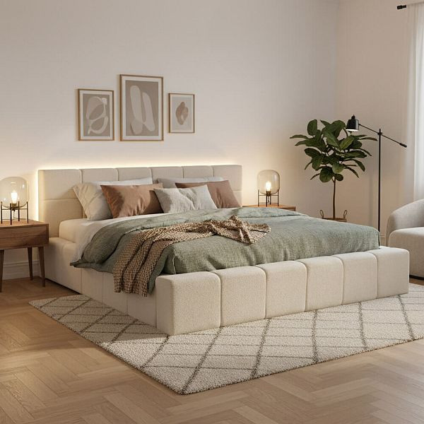 HOME DELUXE LED Bett aus Teddy-Stoff inkl. Stauraum GALA - Beige, 200 x 200 cm, 74387