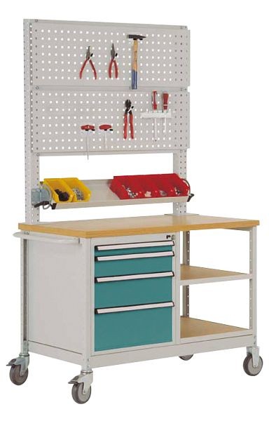 Manuflex Mobile Werkbank Modell 6 mit geölter Multiplex-Abdeckplatte 30 mm BxTxH 1135 x 590 x 810 mm, wasserblau, MW2033.5021