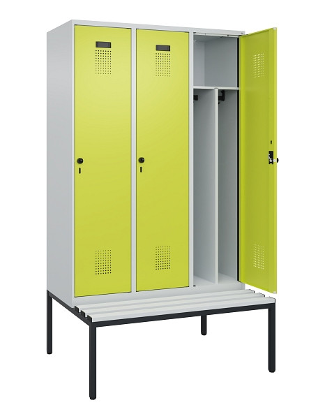 C+P Spind Evolo PLUS, 3 Abteile, 2120x1200x815mm, 7035/0024, Haken 4, Drehriegel, Sitzfläche Kunststoff, Sitzbank, Trennwand, 0490507-32F S10069