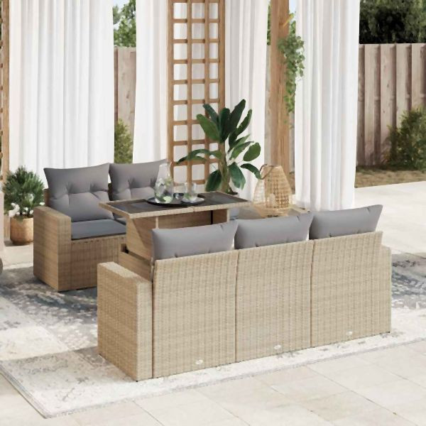 vidaXL 6-tlg. Garten-Sofagarnitur mit Kissen Beige Poly Rattan, 3326250