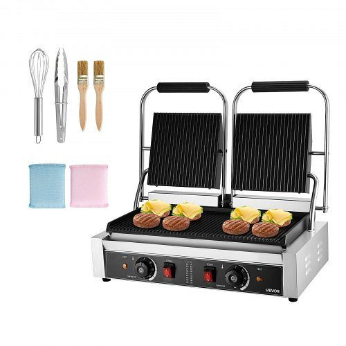 VEVOR 3600W Elektrogrill Sandwichmaker Doppelbackplatten Edelstahl, 48x23 cm gerillte Emailleplatte, Temperaturregelung, SYYBDBL199YCD1FND002V2