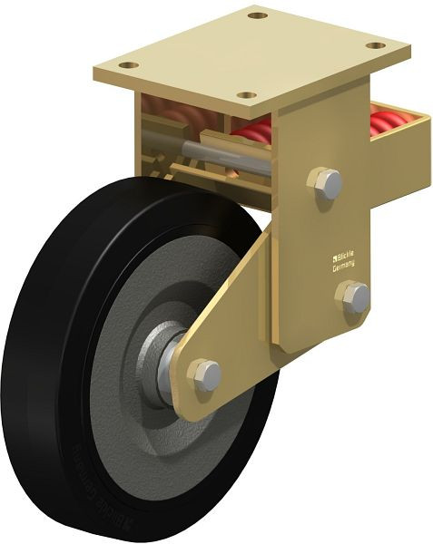 Blickle BSFN-SE 250K Stahlgeschweißte Schwerlast-Bockrolle mit Stahlfeder, Elastik-Vollgummi, Schwarz, 284786