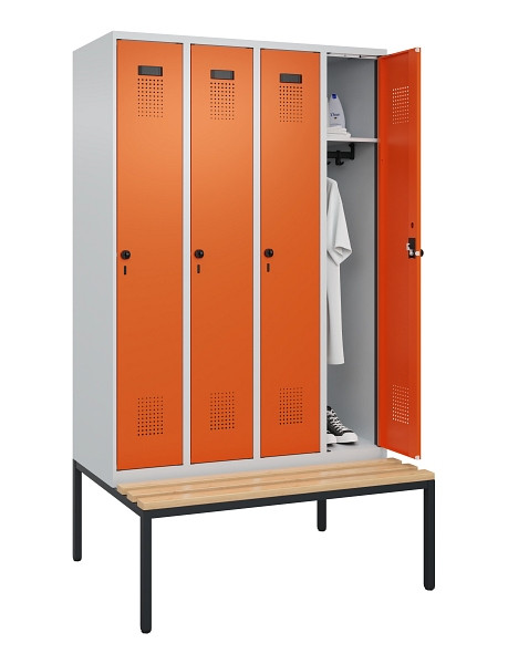 C+P Spind Evolo PLUS, 4 Abteile, 2120x1200x815mm, 7035/2004, Haken 3, Drehriegel, Sitzfläche Buche-Hartholz, Sitzbank, 0490507-40 S10002