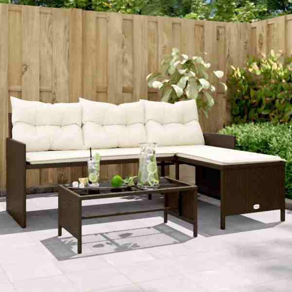vidaXL Gartensofa in L-Form mit Tisch und Kissen Braun Poly Rattan, 365573